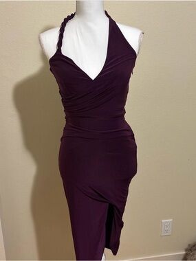 Lux Plum One-Shoulder Braided Halter Midi Dress